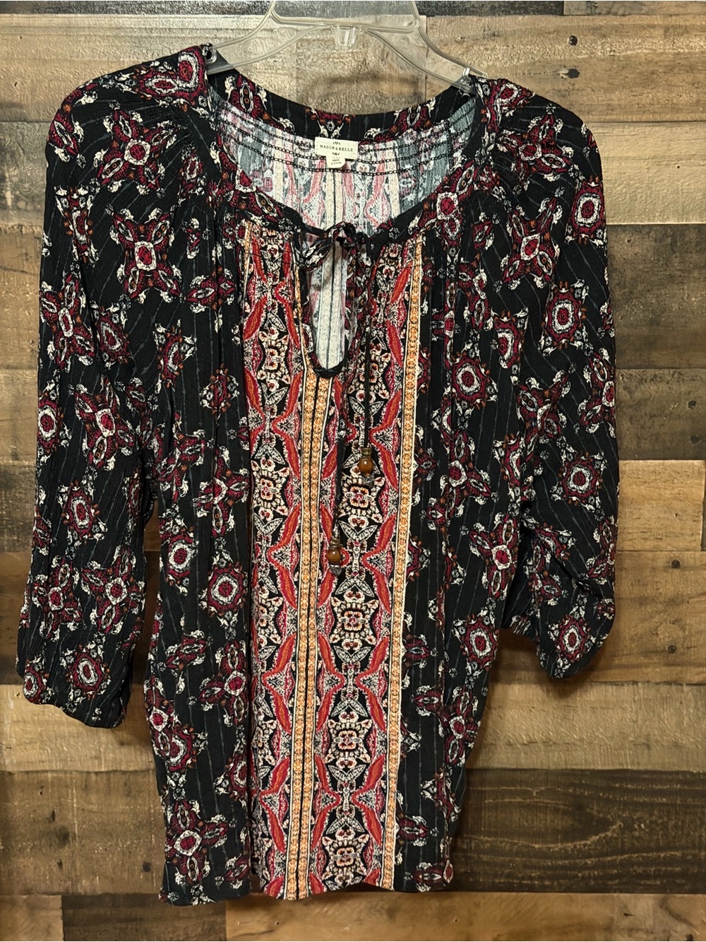 Mason & Belle Printed Peasant Tunic Top - Black Multi